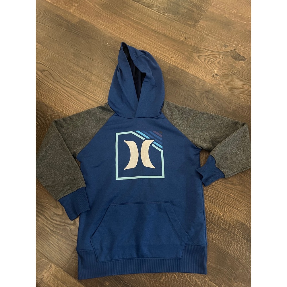 Hurley Boys Blue Gray Raglan Graphic Logo Pullover Hoodie Sweatshirt Size 8